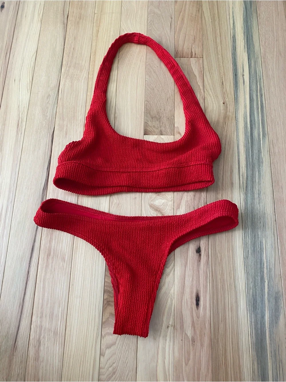Frankie’s Bikinis Red Ribbed Halter Bikini Set - Women’s Swim